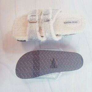 Steve Madden Women's Bling Faux Fur Slip-On Sandals Soft Beige Size 5 Cork Soles
